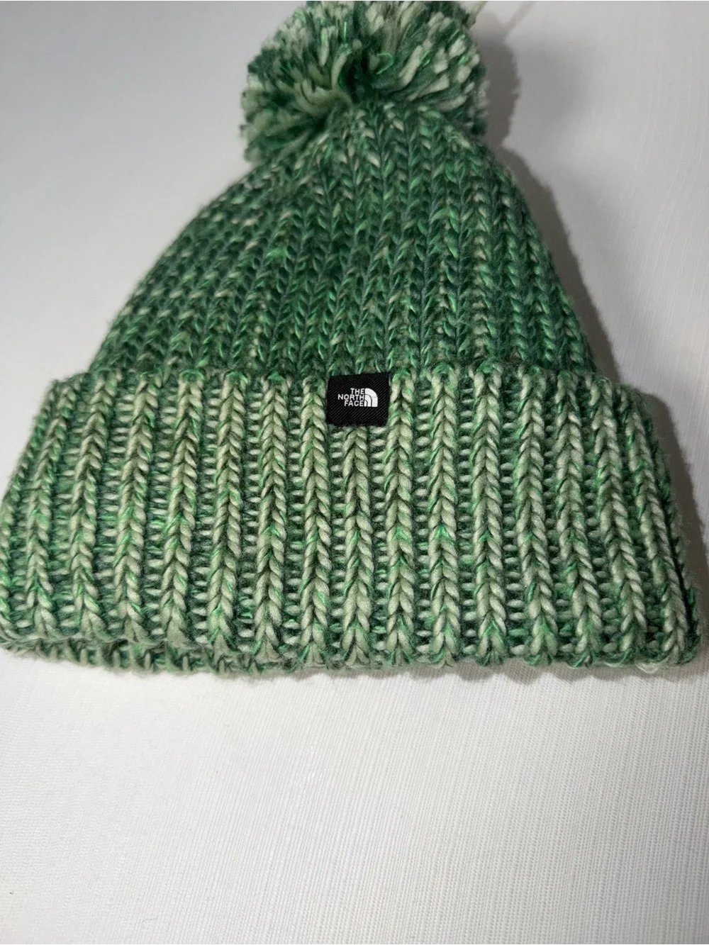 The North Face Women’s Green Marled Knit Pom Beanie Sherpa Fleece Lined OS